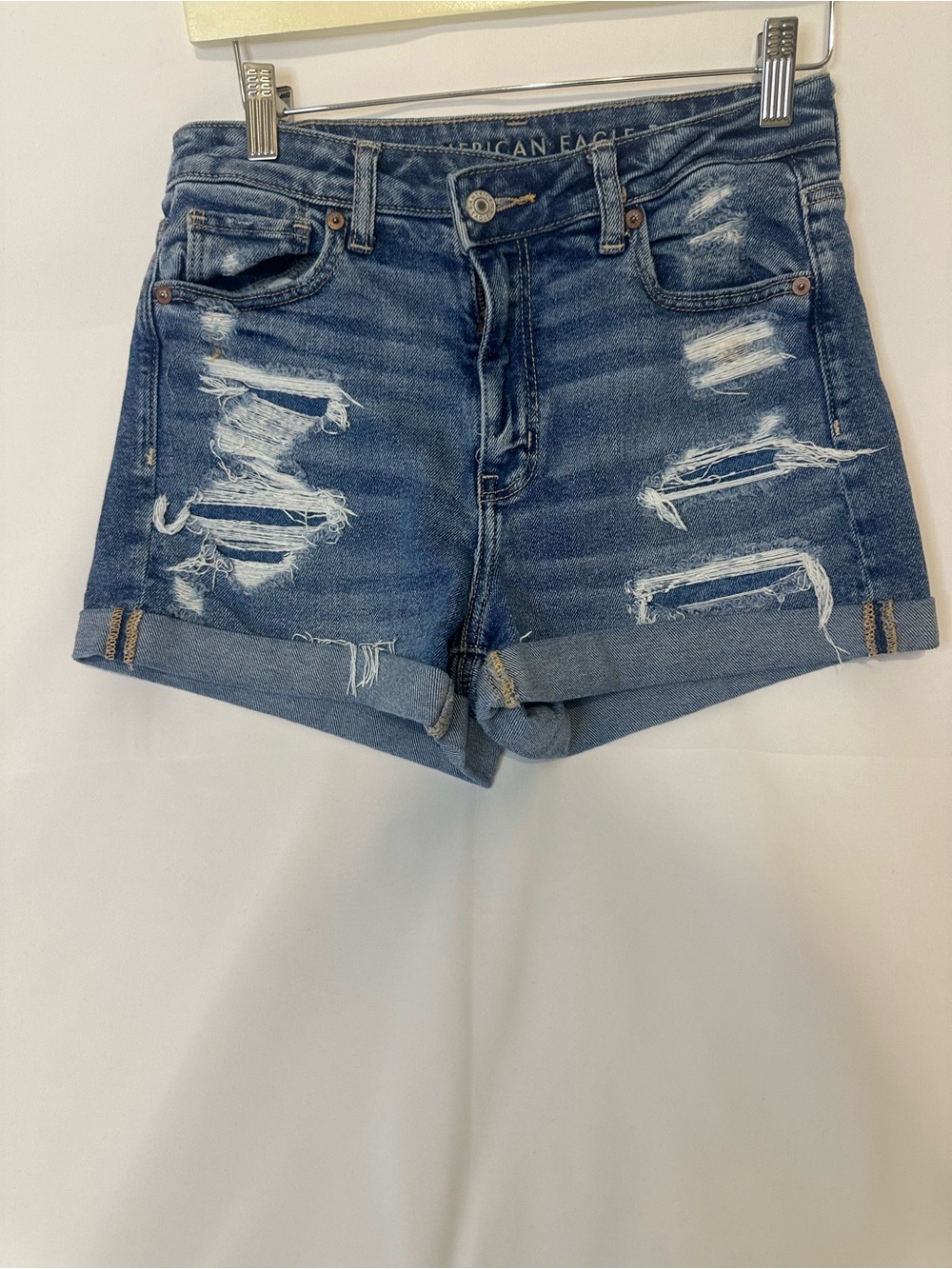 American Eagle Outfitters Distressed Blue Denim Roll-Cuff Shorts